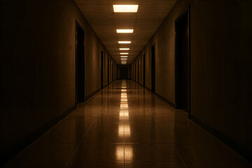 A dimly lit hallway stretches into the distance, illuminated by bright ceiling lights. The glossy floor reflects the light, creating a mysterious yet captivating atmosphere that invites exploration.
