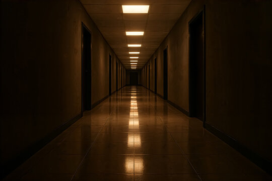 A dimly lit hallway stretches into the distance, illuminated by bright ceiling lights. The glossy floor reflects the light, creating a mysterious yet captivating atmosphere that invites exploration. - Powered by Adobe