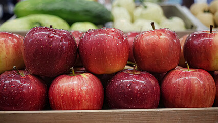 A vibrant display of fresh, red apples sits in a wooden crate, glistening with moisture. The apples appear juicy and ripe, inviting buyers at the market to select their favorites.