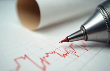 Close up photo shows a seismograph pen drawing a red line on graph paper. The image may be used to illustrate finance or scientific concept.