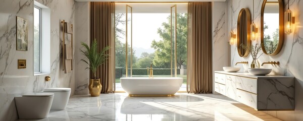 Modern bathroom with marble walls, golden accents, freestanding tub. Double vanity with vessel sinks and mirrors. Large windows show garden view. Elegant, opulent interior design.