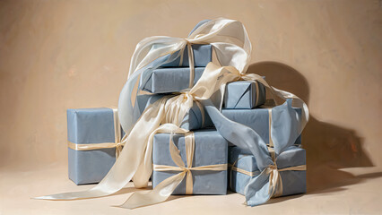 A delightful arrangement of beautifully wrapped blue gift boxes tied with elegant ribbons sits against a soft beige backdrop. Their charming display evokes feelings of joy and celebration.