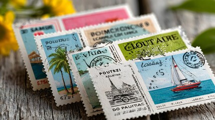 Vintage postage stamps on wooden surface collecting travel memories