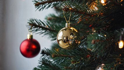 Close-up of a beautifully adorned Christmas tree featuring shiny red and gold ornaments. The festive decorations create a warm and joyful atmosphere, perfect for holiday celebrations.