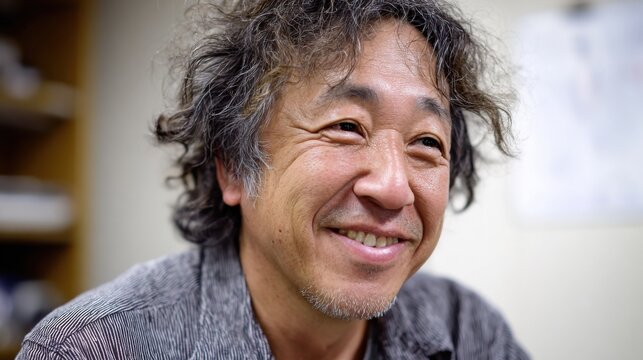 A man with a big smile on his face. He is wearing a gray shirt and has a beard