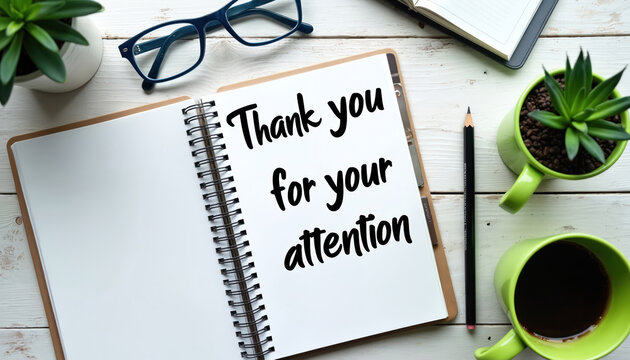 Notebook page displays Thank you for your attention message. Office desk setting includes glasses, pencil, plants, and coffee cup. Minimalist workspace for business or education themes.