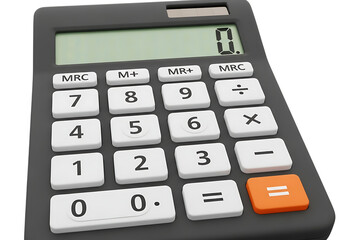 Gray calculator with white buttons and orange equals key isolated on transparent background