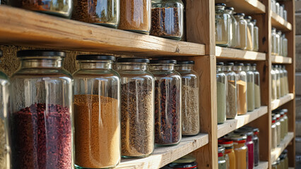 This photo features a well-organized shelf filled with clear glass jars containing an array of colorful spices and grains. The natural lighting enhances the vibrant colors and textures, creating a war