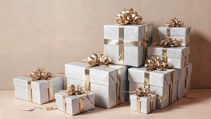 This charming photo features a beautifully arranged stack of silver gift boxes adorned with elegant golden bows. The soft, neutral background enhances the festive spirit, perfect for celebrations.