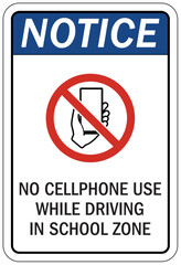 Obraz premium No phone use while driving sign no cell phone use while driving in school zone