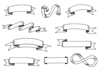 Collection of hand drawn ribbons and banners isolated on transparent background