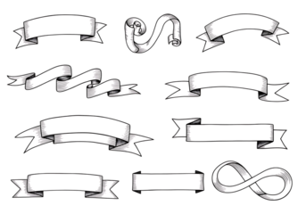 Collection of hand drawn ribbons and banners isolated on transparent background