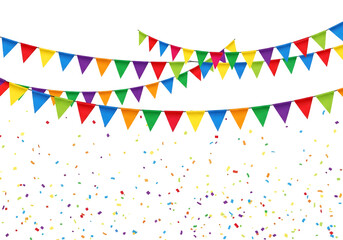 Colorful bunting flags and confetti isolated on transparent background