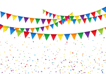 Colorful bunting flags and confetti isolated on transparent background