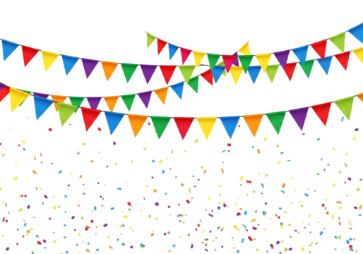 Colorful bunting flags and confetti isolated on transparent background - Powered by Adobe