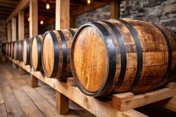 Oak barrels aging whiskey in traditional distillery cellar