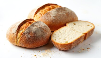 Close-up of artisan sourdough loaves sliced revealing airy crumb texture. Rustic bread displays golden crust, fresh cut. Ideal for food blogs recipe websites bakery promotions. Focus on wholesome