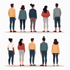 Group of diverse people stand together viewed from back. Casual fashion shows males and females in various poses and outfits. Diverse crowd gathered, facing away.