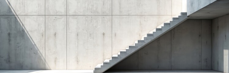 Modern concrete staircase rises against textured wall. Geometric lines and shadows create minimalist interior. Simple, clean architecture ascends upward.