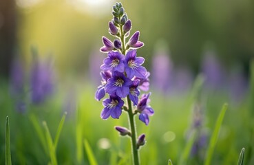 Purple larkspur flower grows in sunlit field. Close up of tender wildflower blossom in green grass. Herbaceous plant with violet petals blooms during springtime. Beautiful delphinium on soft focus