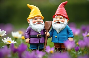 Two cute garden gnomes stand together in green grass. One wears yellow hat, purple coat, red hat, blue coat with shovel. Smile among colorful blooming flowers, adding fun to yard decor for everyone.