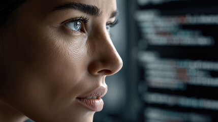 Focused woman analyzing data on computer screen in tech environment, close-up face of female professional against digital code