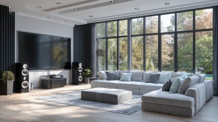 Fototapeta premium A large living room with a black flat screen TV and a large white couch. The room is filled with natural light from the large windows, creating a warm and inviting atmosphere