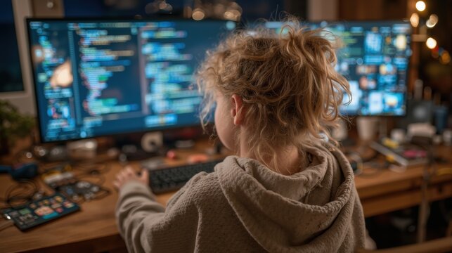 Young programmer coding on dual monitors late at night, gifted child in cozy workspace with warm lighting visible from behind - Powered by Adobe
