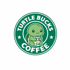 A cute cartoon turtle holding a coffee cup inside a green circular logo that parodies a famous coffee brand.