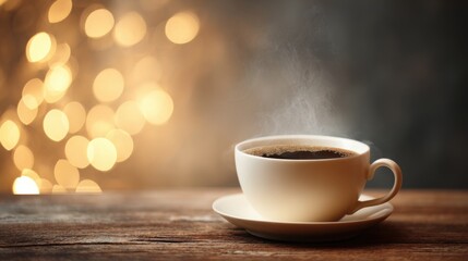 A white coffee cup with steam rising from it sits on a wooden table. Concept of warmth and comfort, as the steam from the coffee cup suggests a hot beverage being enjoyed on a chilly day