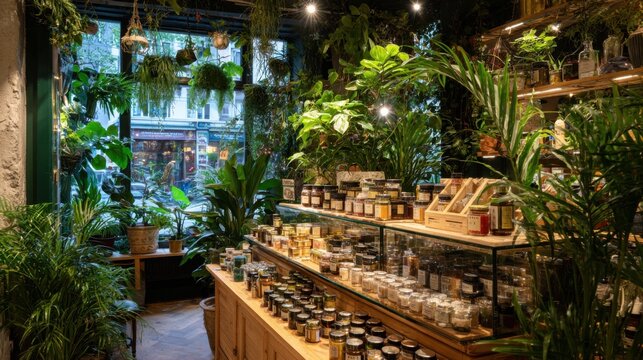A store with a lot of plants and a lot of jars on shelves. The jars are filled with different things like spices and herbs