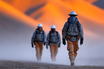 Naklejka premium Expedition team walking through desert dust at sunset