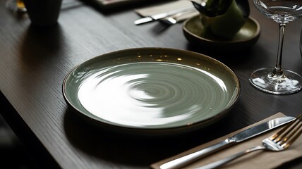 Elegant dark wood table setting with a shallow ceramic bowl and polished silverware ready for a meal