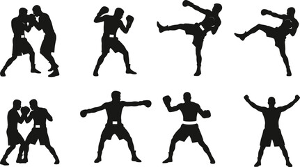 Boxing and kickboxing fighter silhouettes in action poses, punching, kicking, sparring, and celebrating victory, sports vector illustration design