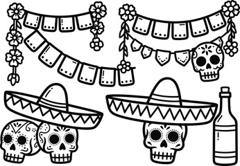 Day of the Dead Mexican skulls and sombrero vector illustration, traditional Dia de los Muertos decoration with garlands and bottle