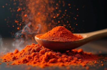 Bright red spice powder fills wooden spoon, scattered around dark surface. Orange chili paprika dust falls in air with wisps of smoke. Food seasoning ingredient for cooking adds hot flavor, great