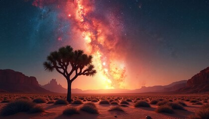 Vibrant desert landscape with a lone joshua tree silhouetted against a fiery cosmic nebula and starry night sky. Expansive arid terrain with scattered scrub brushes under a dramatic celestial glow.
