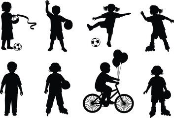 Silhouette of children playing, kids riding bicycle, playing ball, roller skating, childhood activity vector illustration for fun and education design