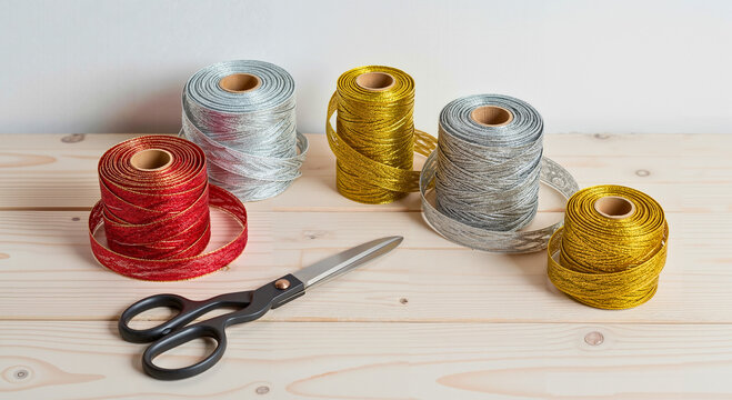 Colorful spools of thread and scissors on wooden surface   - Powered by Adobe