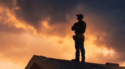 A man is standing on a roof, looking out at the sky. The sky is cloudy and the sun is setting, creating a moody atmosphere