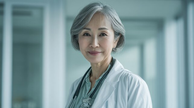 A woman in a white lab coat is smiling for the camera. She is a doctor and she is happy