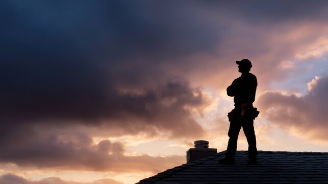 A man stands on a roof looking out at the sky. The sky is cloudy and the sun is setting - Powered by Adobe