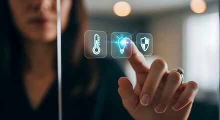 Woman s finger touching futuristic digital interface with security and home automation icons