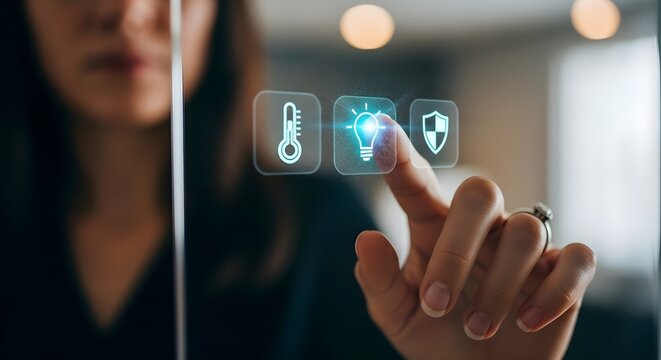 Woman s finger touching futuristic digital interface with security and home automation icons
