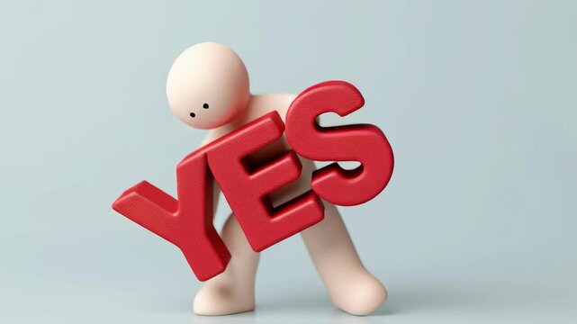 3D Clay Figure Character Man Holding a Red 'YES' Sign