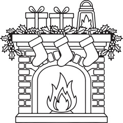 Black and White Outline of a Decorated Christmas Fireplace Keywords: fireplace, Christmas