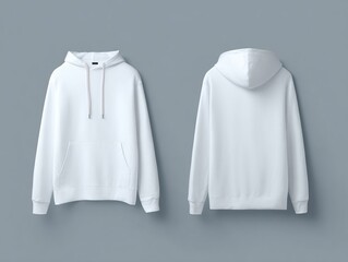 White hoodie presented front and rear on a gray setting, great for custom artwork and trendy fashion promotions with a minimalist touch.