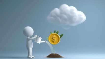 3D White Figure Character Man Watering a Plant that Grows a Golden Coin