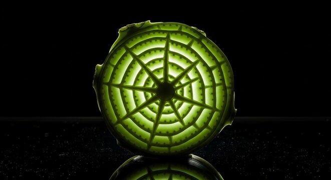 Abstract Compass Design Illuminated With Green Light On a Black Surface Detail
