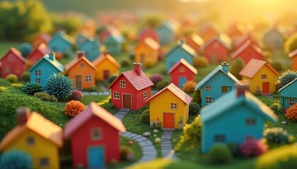 Tiny colorful houses arranged in a sunny neighborhood setting. Miniature homes show different shades and designs symbolizing community, diversity and unity.